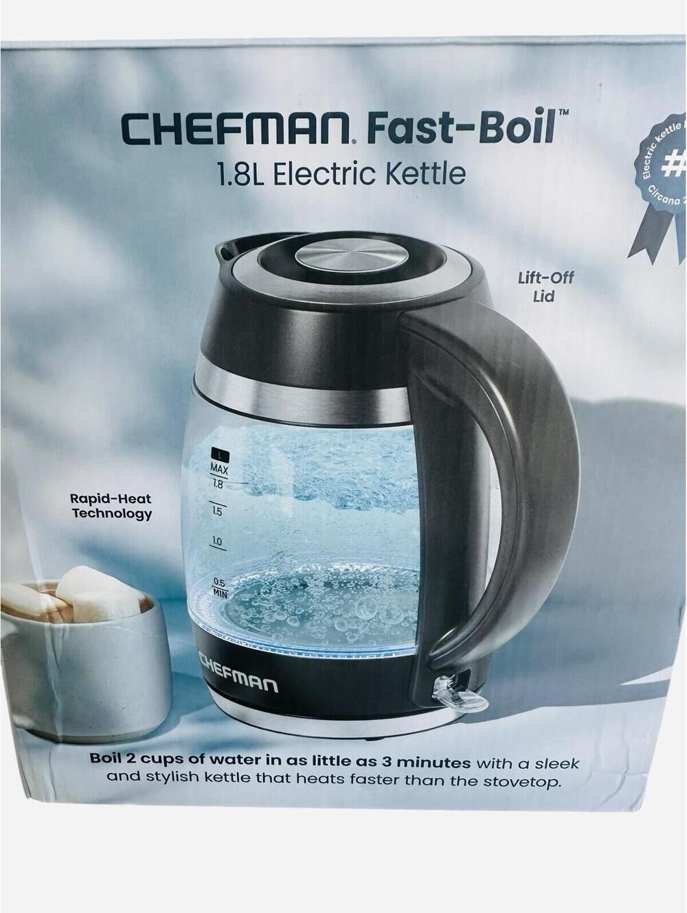Chefman Fast-Boil 1.8L Electric Glass Kettle 1500W LED Water Heater NWB